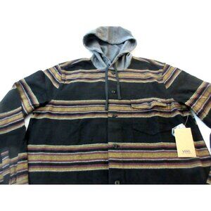 Vans Men's Camping Rug Hooded Button Front Shirt Black Striped Size XL NWT